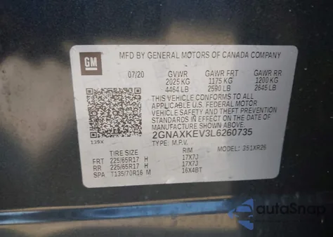 2020 Chevrolet Equinox Fwd Lt 1.5L Turbo z USA, uszkodzony, nr VIN 2GNAXKEV3L6260735